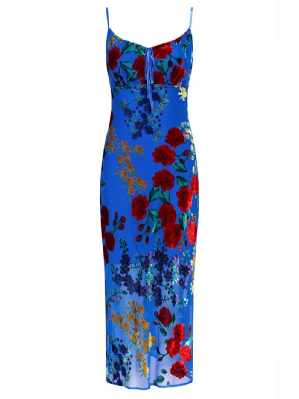 Commense Blue Maxi Dress with Red Rose Floral Print